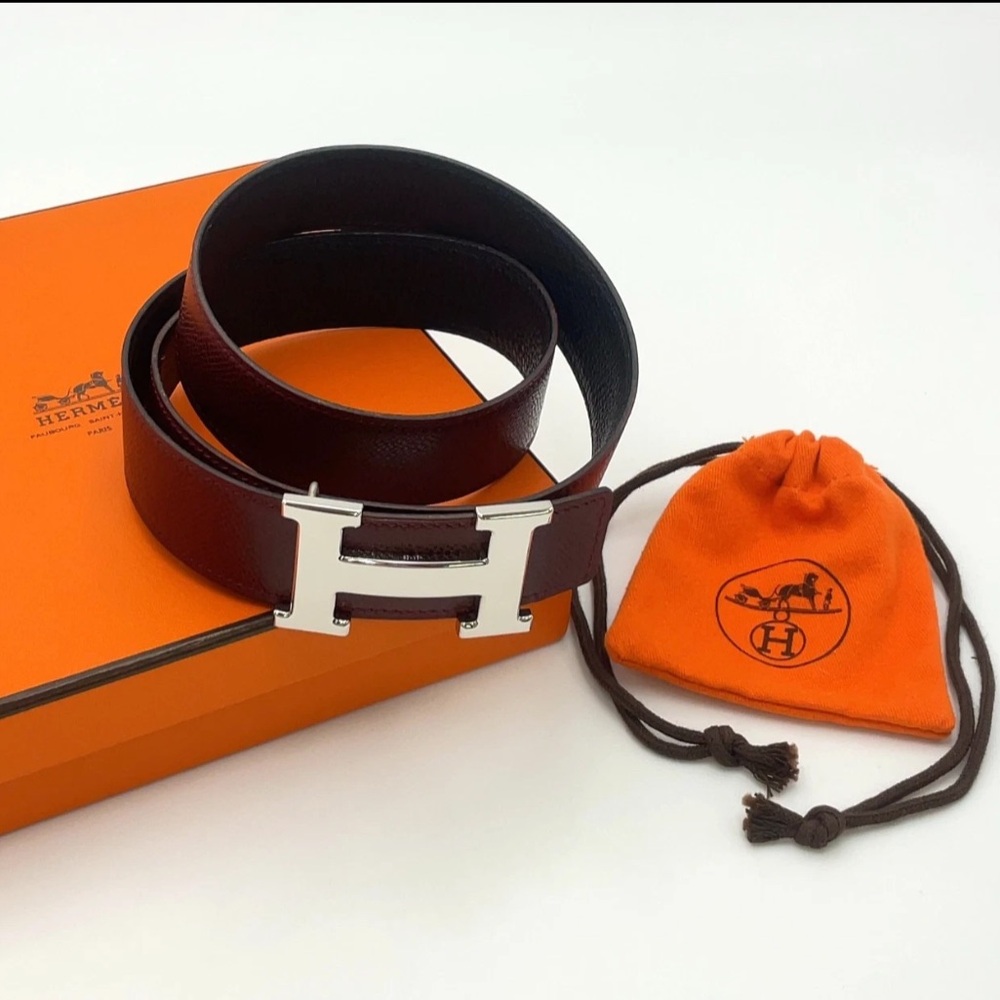 Auth HERMES EUC H Belt 70SV F Engraved Red/Black Reversible W/Box BA020136